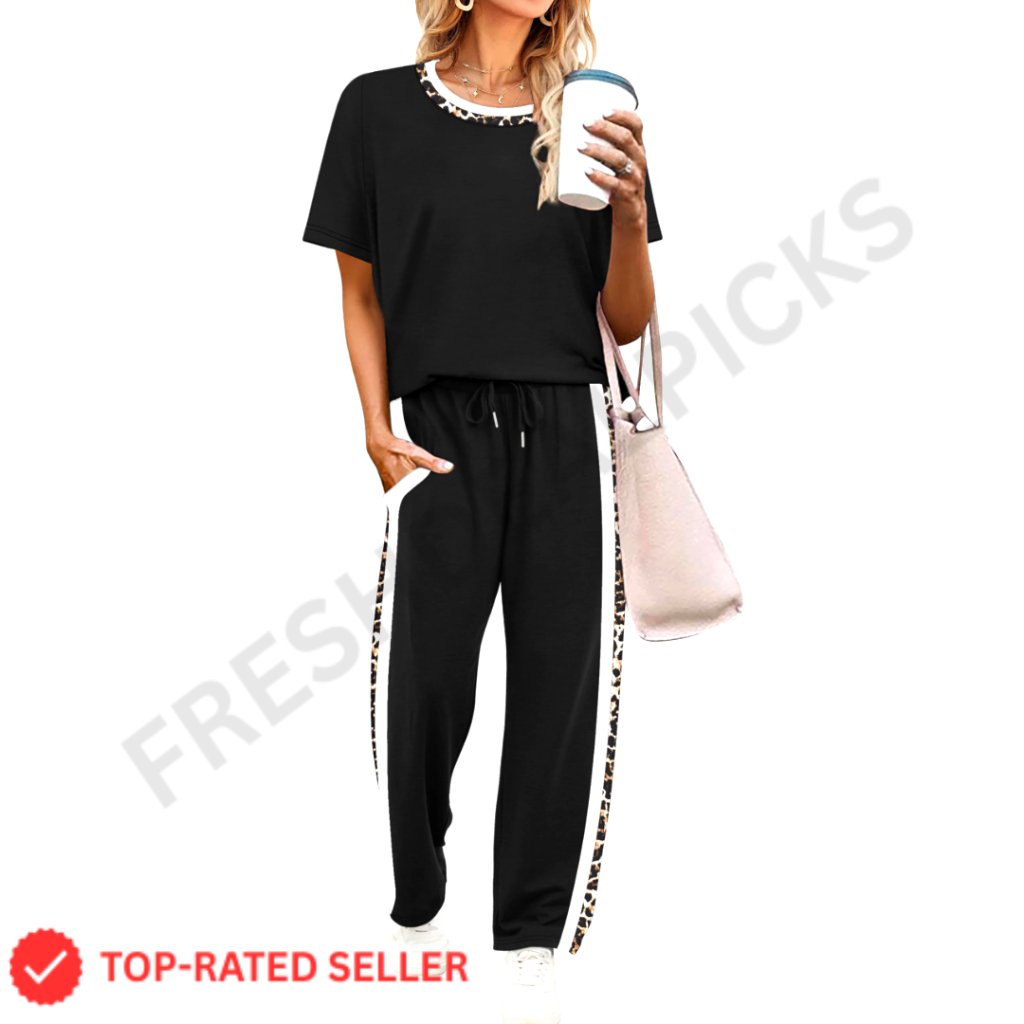 Two Piece Lounge Set Short Sleeve Top Wide Leg Pants Matching Set Chic